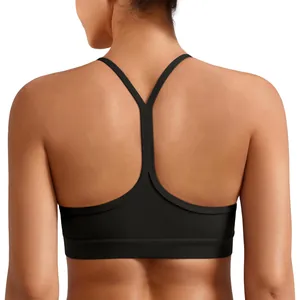 Women's black skin-friendly sports bra with Y-back thin straps and wide support band