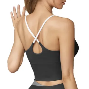 Women's high-impact sports bra with crisscross back straps in black and white contrast