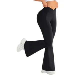 Black high-waisted crossover V-waist yoga flare pants with a slim fit sport design