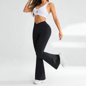 High waist V-cross flared yoga pants in black with slimming high elasticity fabric