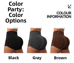 Detailed view of high waisted scrunch butt yoga shorts in black, grey, and coffee colors