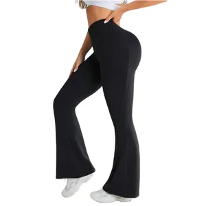 High waist black flare yoga pants with V-waist design and slimming athletic fit