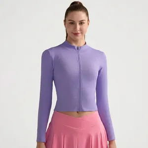 Damen Slim Fit Yoga Jacke Reißverschluss Stehkragen Gerippt Langarm Sport Laufshirt Schnelltrocknend Fitness Training Jacke