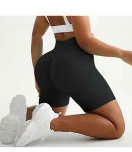 Macro shot of high-waist seamless lifting yoga shorts featuring butt-sculpting detail