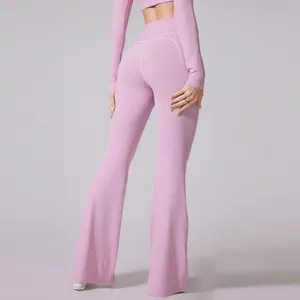 Damen Hohe Taille Gebürstete Schlaghose Yoga Einfarbig Formend Schlanke Passform Sportlich Schnelltrocknend Lange Hose Für Fitness