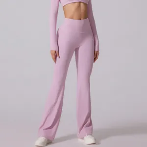 Damen Yoga-Set mit High-Waist-Schlaghose und langärmeligem Crop-Top in zartem Rosa