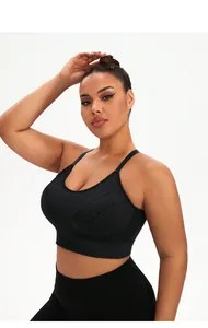 Close-up of black plus size sports bra featuring U-neck design and wide ribbed hem