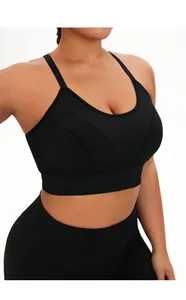 Detail of black sports bra featuring wide elastic hem and breathable knit texture