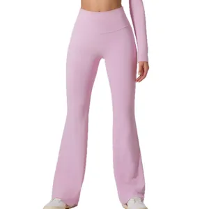 Rosafarbene Yoga-Schlaghose mit hoher Taille und elastischem Stoff für schmale Passform