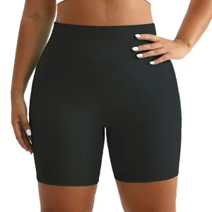 Plus size high waist black seamless yoga shorts with wide ribbed waistband for workout