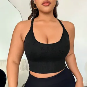 Women Plus Size High Impact Sports Bra Seamless Ribbed Yoga Vest Hollow Out Racerback Workout Crop Top Fitness Gym Tank