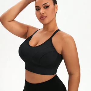 Black high-impact sports bra with wide supportive band and criss-cross straps for yoga