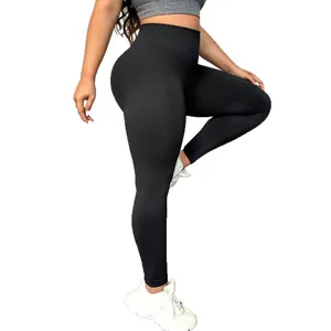 Mallas de yoga negras sin costuras de talle alto con textura de punto elástico