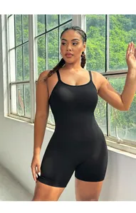 Close-up of black high-stretch plus size yoga bodysuit with dual thin straps and back detail
