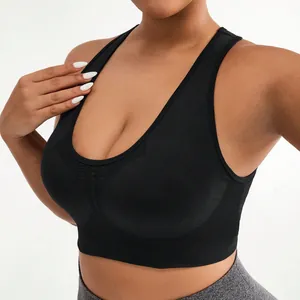 Plus size high-impact black yoga bra with U-neck and wide ribbed hem for support
