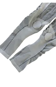 Detail of grey compression knee sleeve with seamless knit and reinforced protection zones