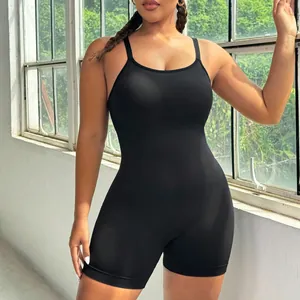 Plus size black one-piece yoga jumpsuit with double straps for high impact fitness training