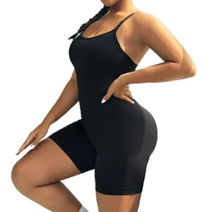 Slim fit black yoga romper with double straps and high elasticity for workout sessions