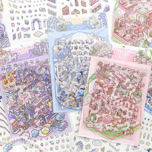 3D miniature zoo cat landscape stickers in purple, blue and pink themed scenery sets