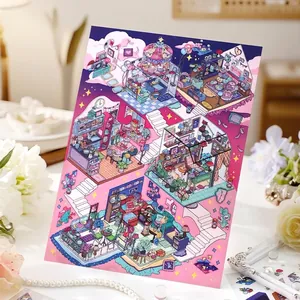 Detailed 2.5D miniature house scene stickers with cozy multi-room interior illustrations