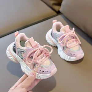 Close-up of pink breathable mesh toddler sneakers with cushioned thick rubber soles
