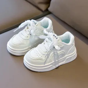 Kids white fashion sneakers with thick non-slip soles and hook-and-loop closure for sports