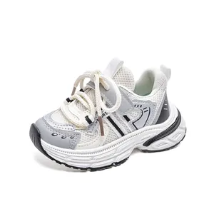 Breathable mesh children sports sneakers with velcro strap and anti-slip thick sole