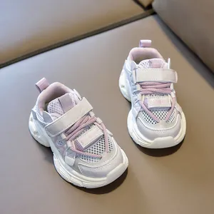 Detail of lavender breathable mesh sneakers for kids with durable velcro closure and anti-slip sole