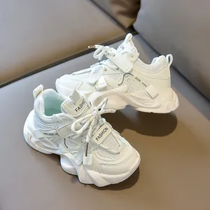 Close-up of kids breathable chunky sneakers featuring velcro straps and non-slip thick soles
