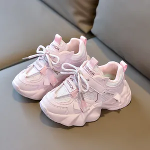 Pink kids chunky sneakers with soft soles, breathable mesh and hook-and-loop closure