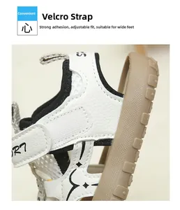 Detail of kids sandals showing adjustable velcro strap and non-slip rubber sole