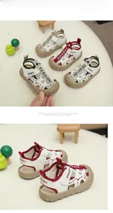 Detail of closed-toe kids sandals in beige, white and black with breathable mesh and straps