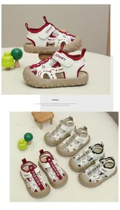 Close-up of breathable mesh kid's sandals with protective rubber toe and velcro straps