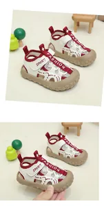 Detail of children's sandals with breathable mesh, protective toe cap and velcro strap