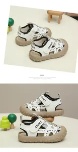 Macro view of kids sport sandals with non-slip tire tread sole and breathable mesh