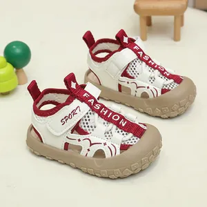 Kids breathable mesh sandals with red and white sporty design and protective toe caps