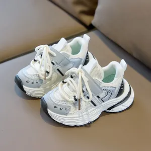 Toddler breathable mesh sneakers in white and grey with convenient velcro straps