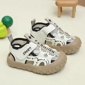 Detailed macro view of breathable mesh texture and anti-collision closed toe for kids sandals