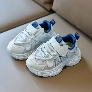 Breathable white and navy blue mesh kids sneakers with Velcro straps for sport