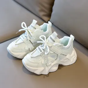 White breathable mesh kids daddy sneakers with fashion velcro and 2026 chunky sole