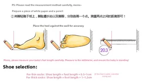 Size guide for children's sandals with measurement steps and foot length chart