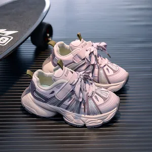Detailed view of lavender breathable chunky running sneakers for kids with skateboard