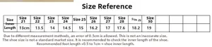 Size chart for kids' LED shoes with inner lengths from 13cm to 19cm and sizing guide