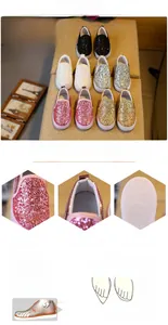 Macro detail of children's sequin slip-on shoes with non-slip rubber texture sole
