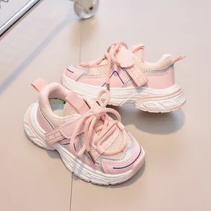Pink breathable mesh sneakers for kids with durable velcro strap and thick cushioned sole