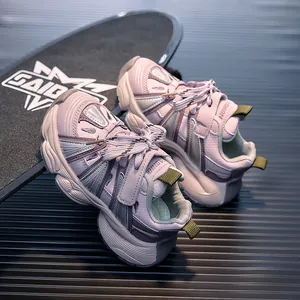 Detail of pink and purple kids' chunky sneaker with Velcro strap and non-slip thick sole