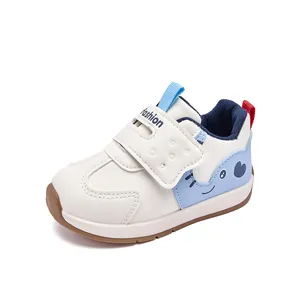 Kids casual sneakers with cute cartoon elephant pattern and velcro closure in white and blue