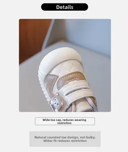 Detail of toddler walking shoe featuring quilted beige leather and cute bear velcro strap