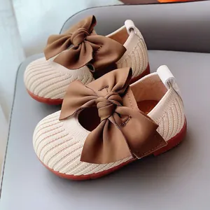 Baby Girl Toddler Princess Shoes Bow Soft Sole First Walker Breathable Non-Slip PU Knit Flat Shoes For Infant Walking