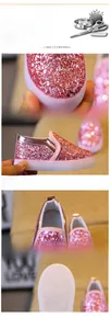 Detail view of pink sequin toddler loafers featuring breathable lining and non-slip soles